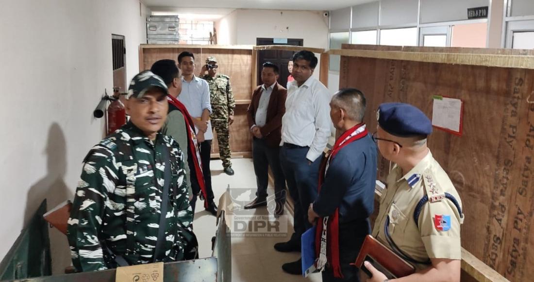 CEO Nagaland, Vyasan R. IAS inspecting the EVM Strong Room, Counting Hall and Security Arrangements at DC office. Mokokchung, on 15th May, 2024