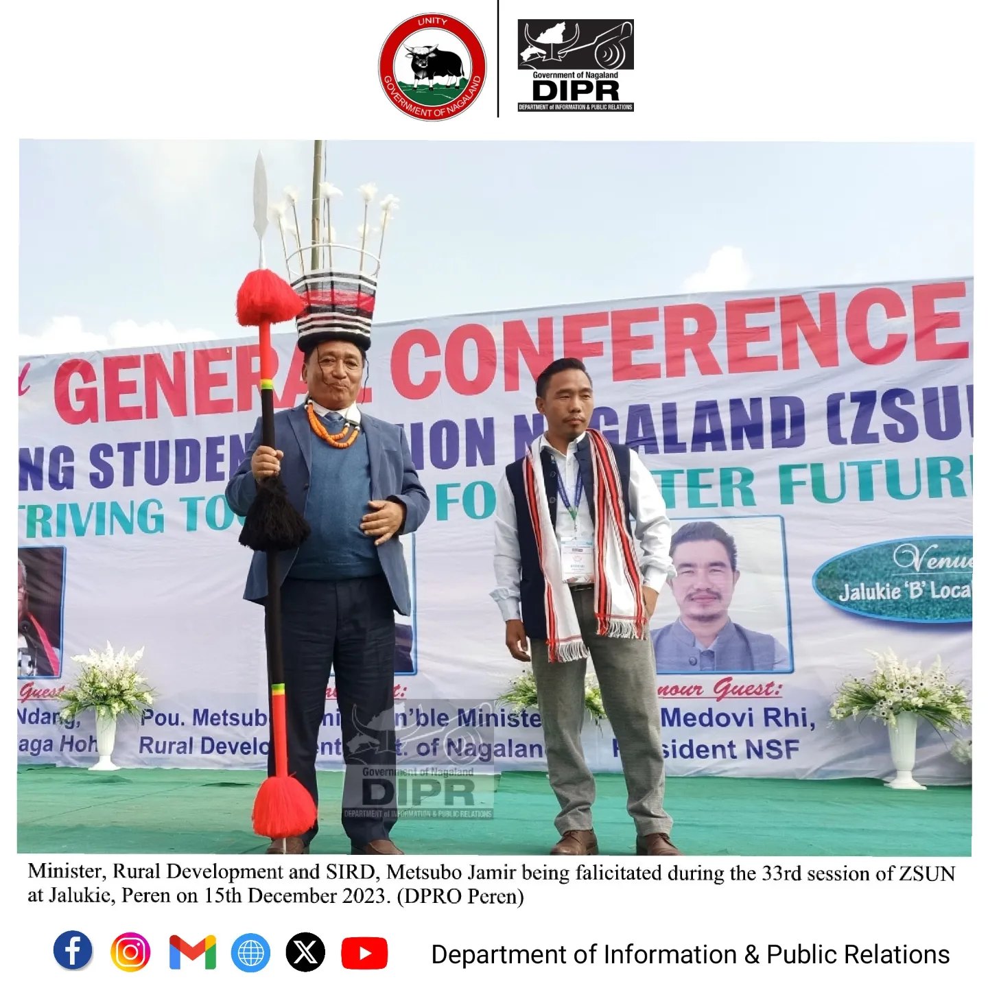 Minister for Rural Development and SIRD, Metsubo Jamir graced the 33rd General Conference of Zeliangrong Students' Union Nagaland (ZSUN) inaugural function as the Special Guest at Jalukie B Local Ground, Peren on 15th December 2023.