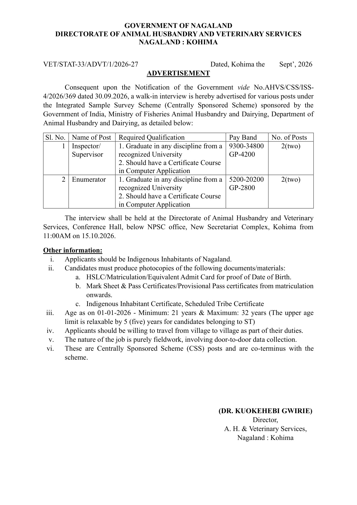 Advertisement of ISS posts