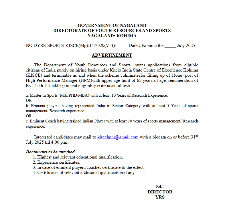 ADVERTISEMENT: DIRECTORATE OF YOUTH RESOURCES AND SPORTS