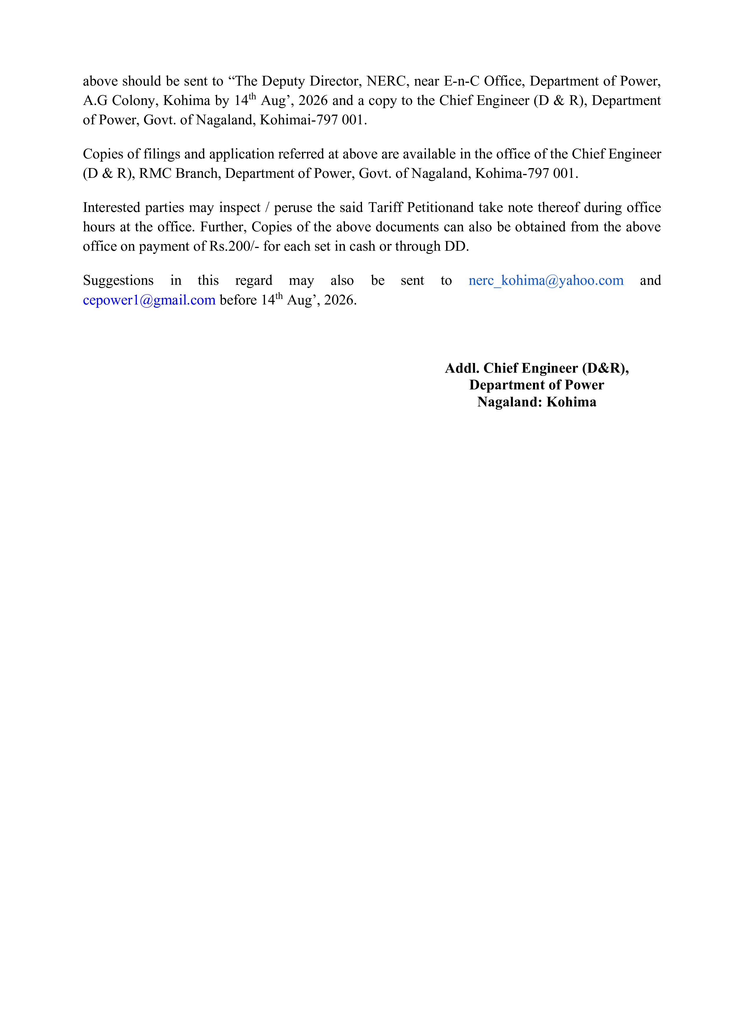 Public Notice: Power Department
