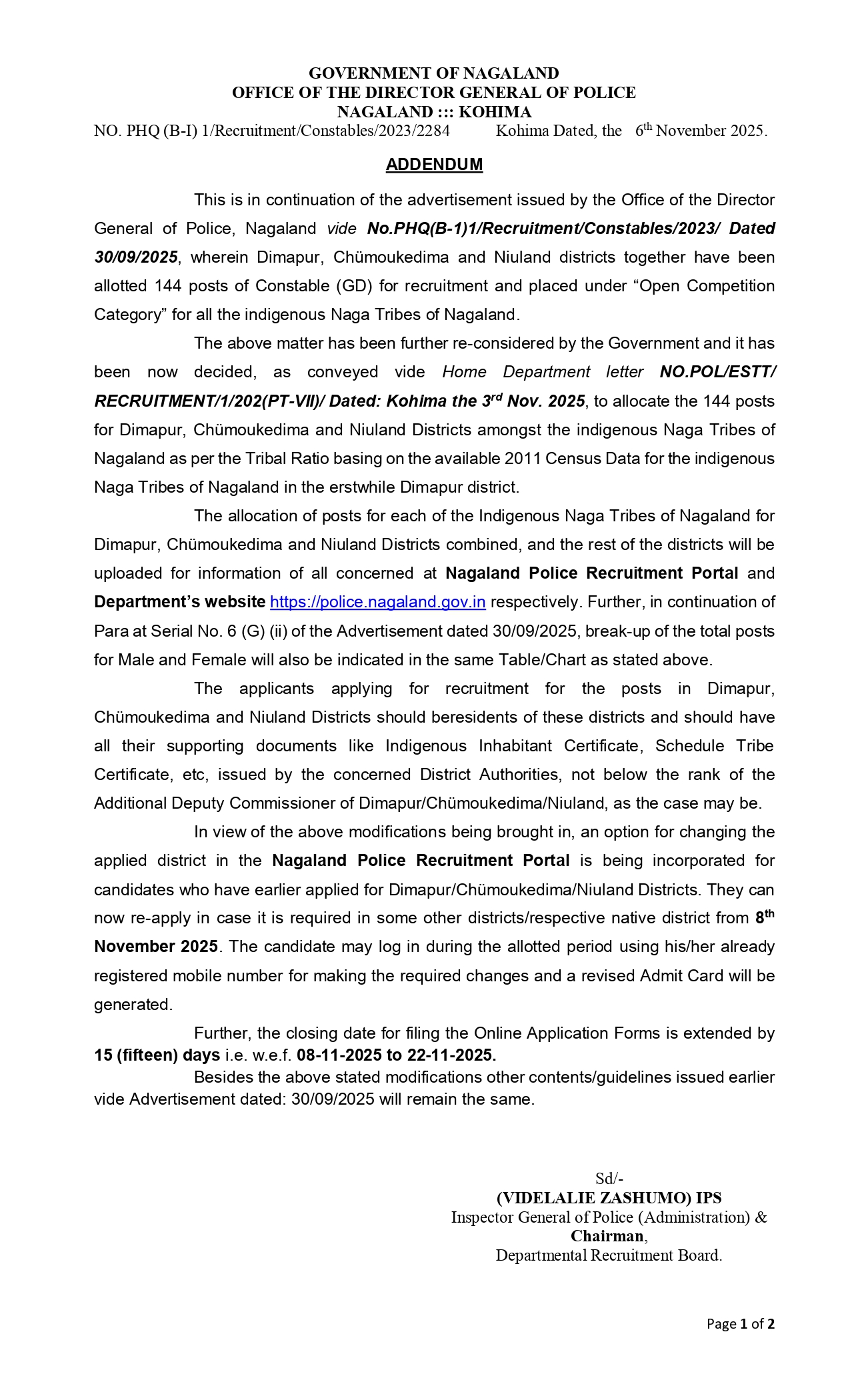 Addendum: Home Department