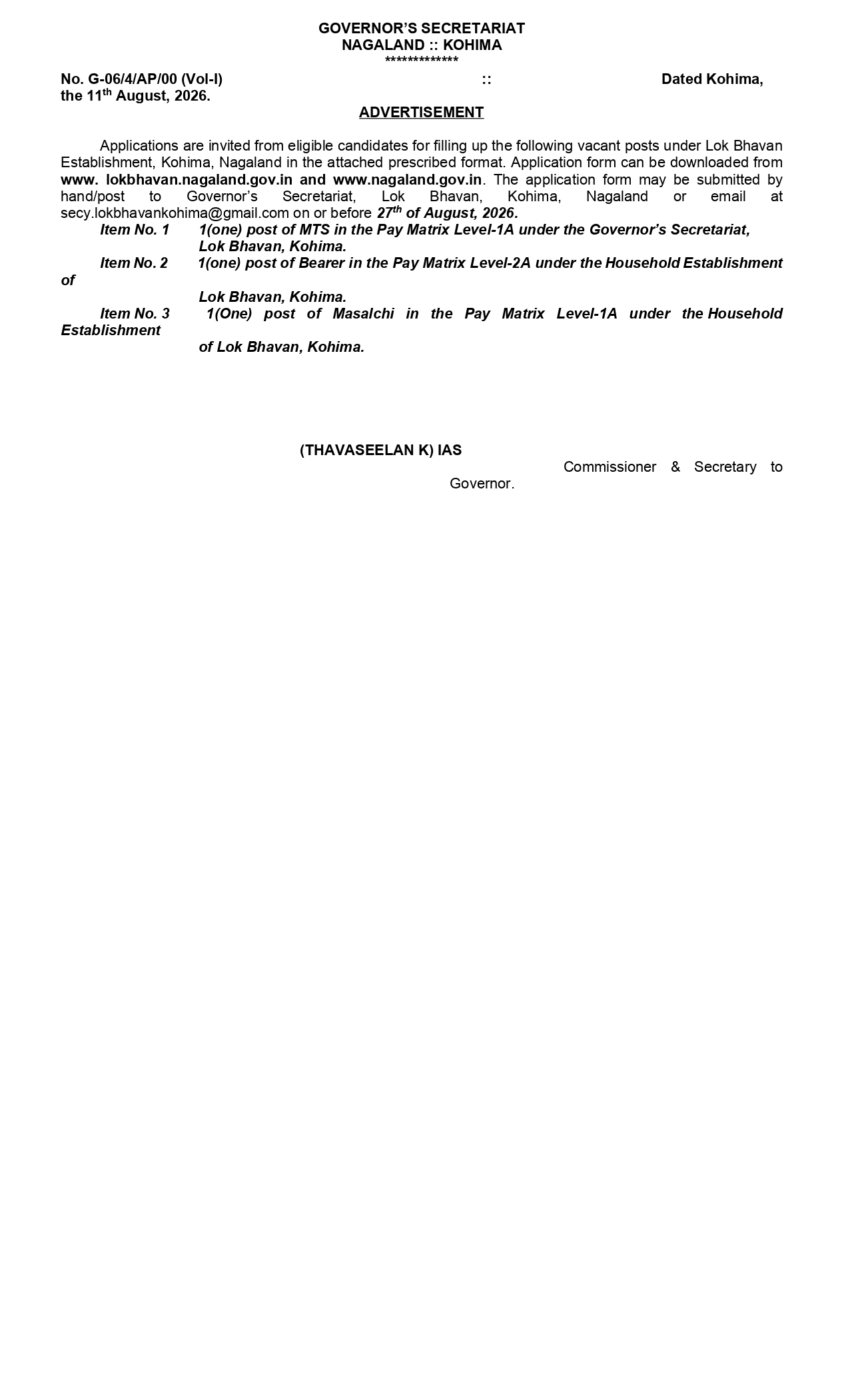 Advertisement Governor Secretariat