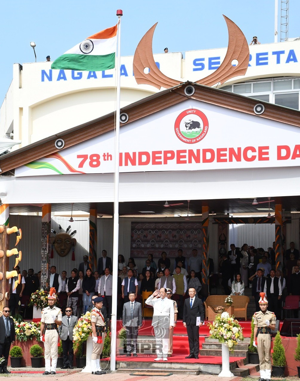 Chief Minister Nagaland, Neiphiu Rio taking the Rashtriya Salute during the 78th Independence Day celebrations at Nagaland Civil Secretariat Plaza, Kohima