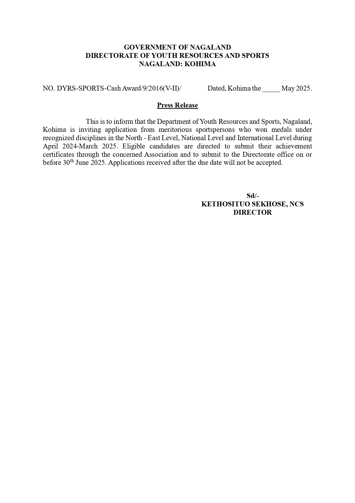 Press Release: Department of Youth Resources and Sports