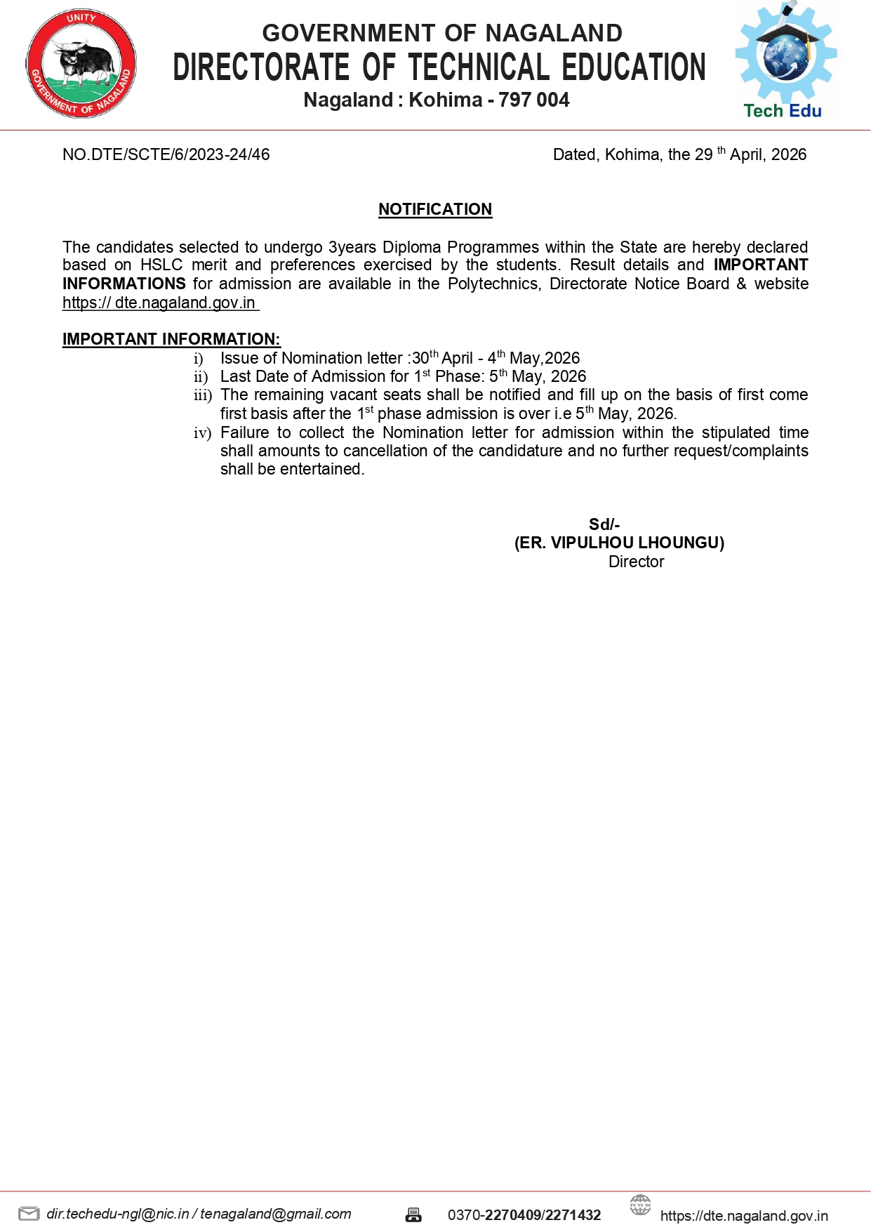 Notification : Techinical Education