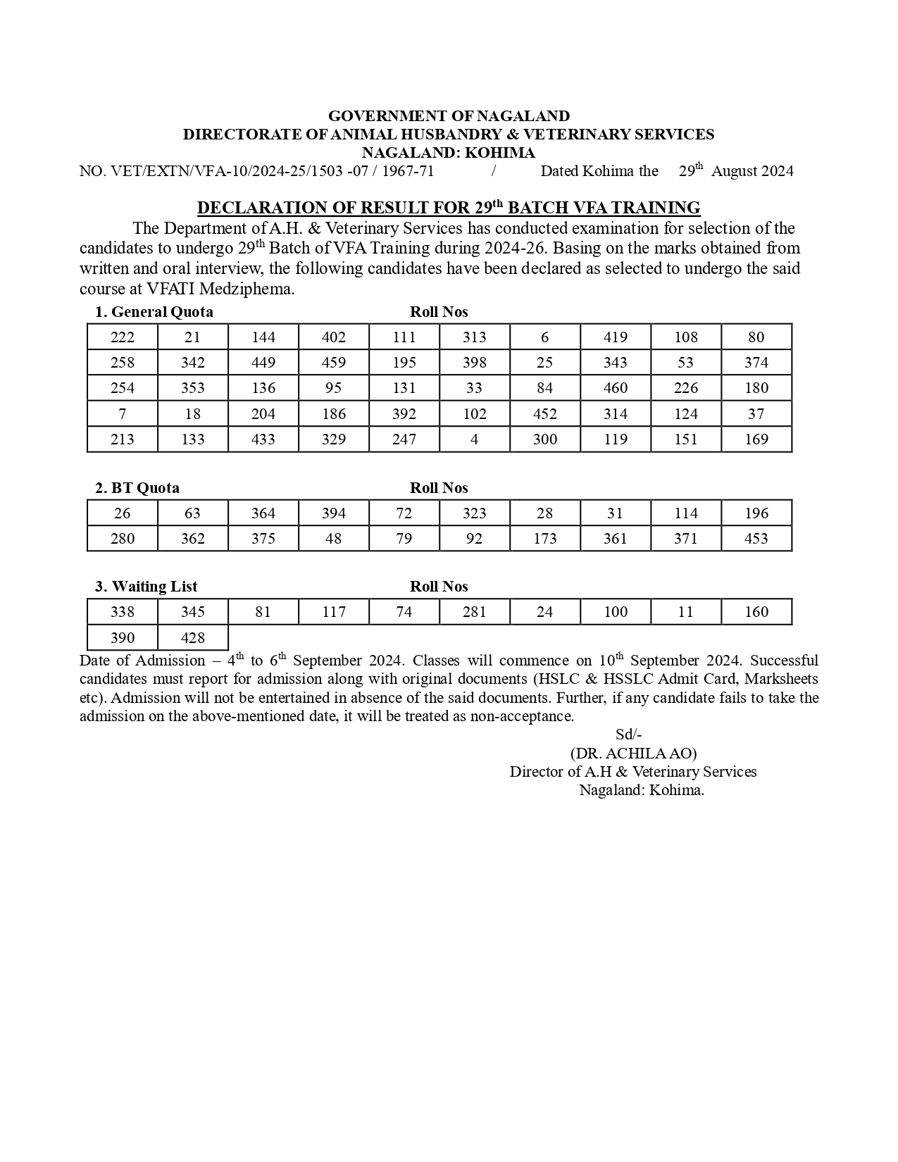 Result Declaration: AH&VS