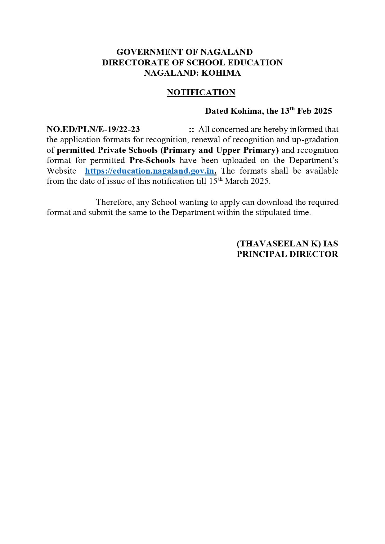 NOTIFICATION: SCHOOL EDUCATION