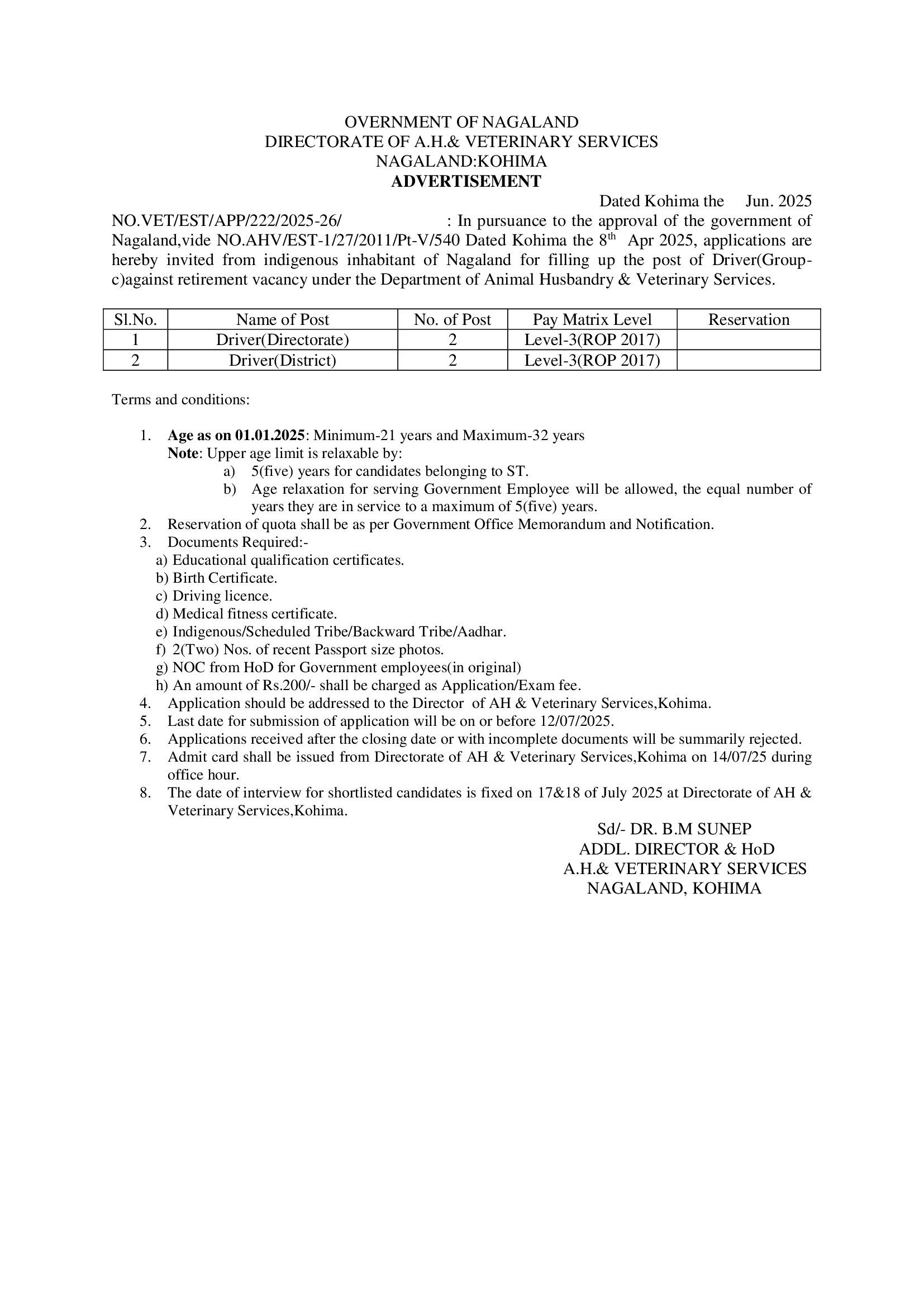 OVERNMENT OF NAGALAND  DIRECTORATE OF A.H.& VETERINARY SERVICES  NAGALAND:KOHIMA  ADVERTISEMENT