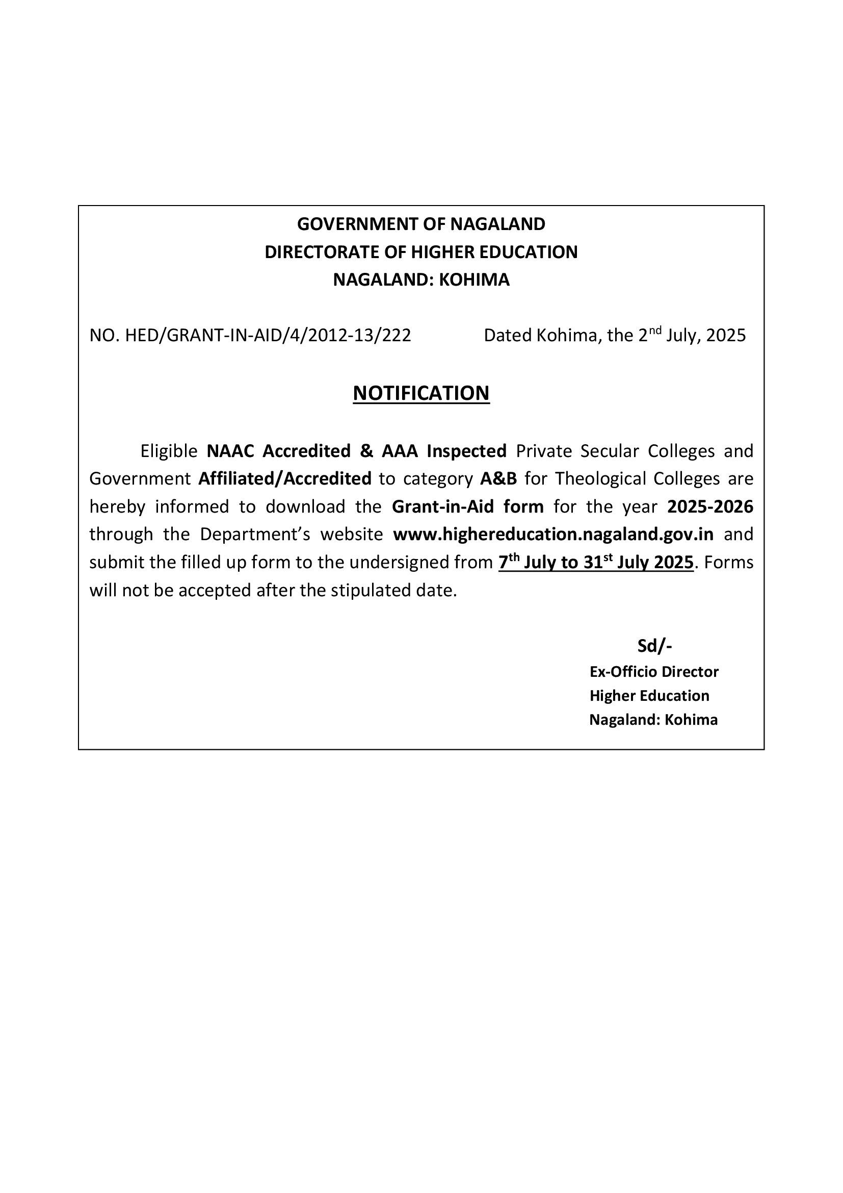 Notification — Directorate of Higher Education, Nagaland: Kohima