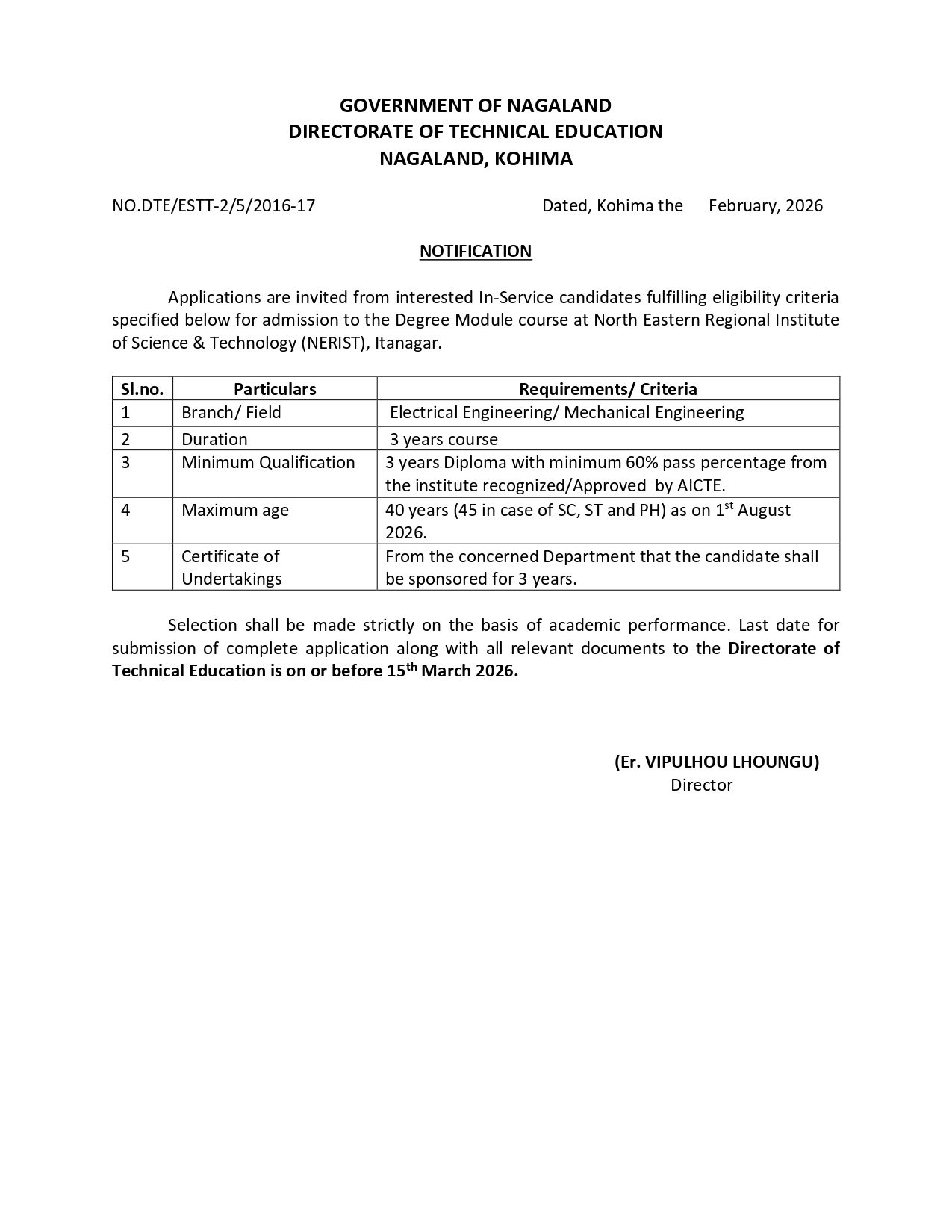 NOIFICATION : TECHNICAL EDUCATION