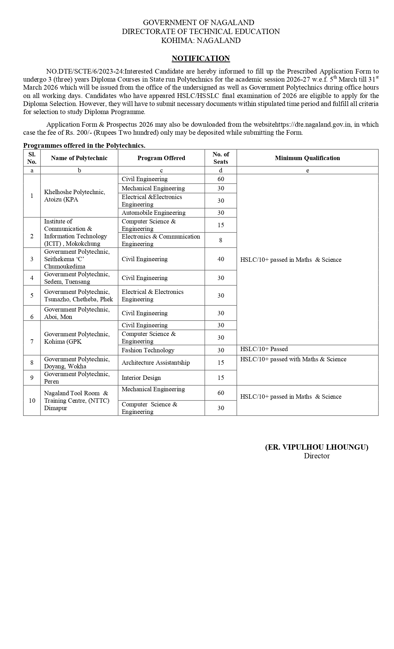NOTIFICATION: TECHNICAL EDUCATION