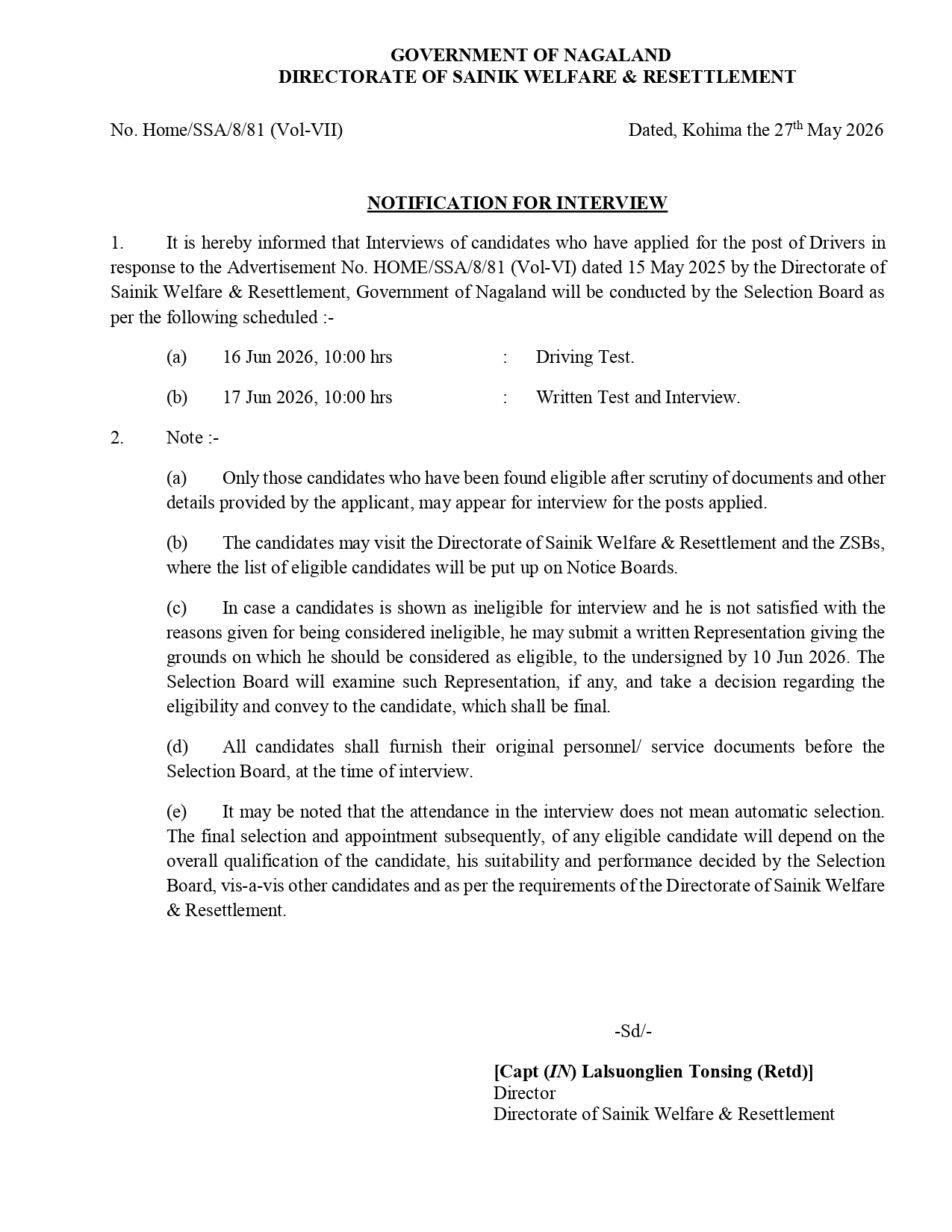 Notification: Sainik welfare