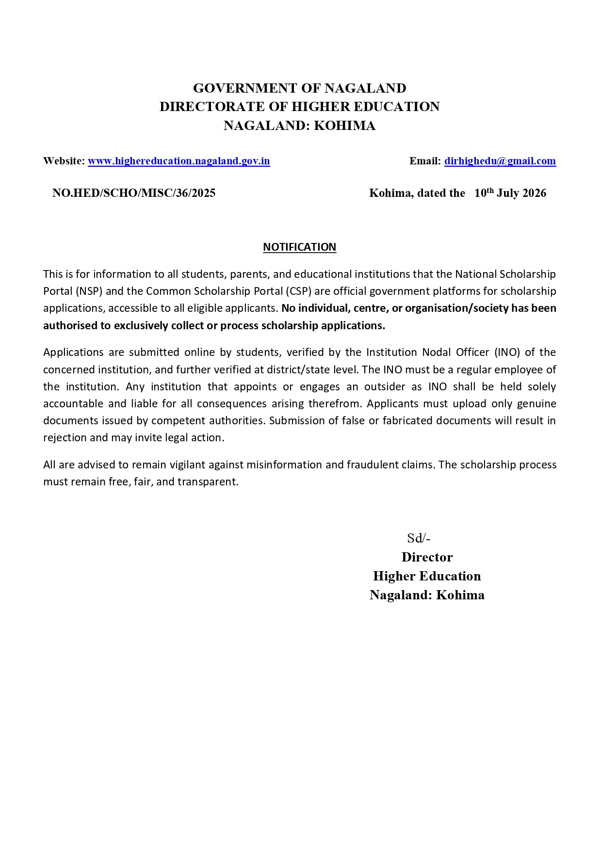 Notification Higher Education