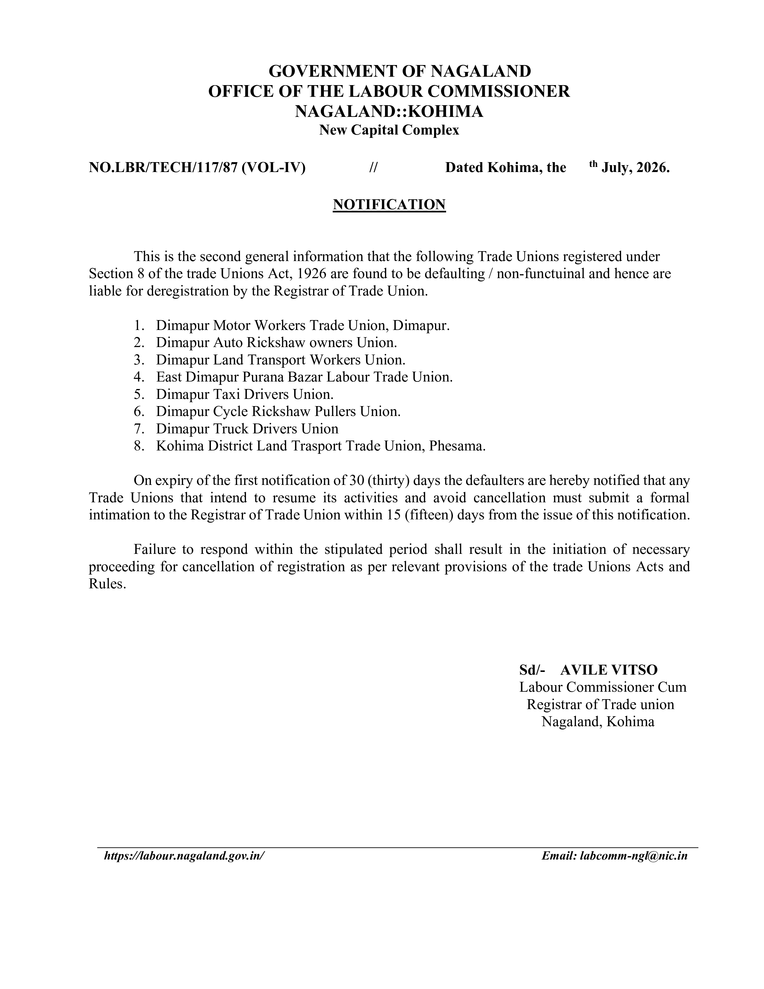 Notification labour commissioner