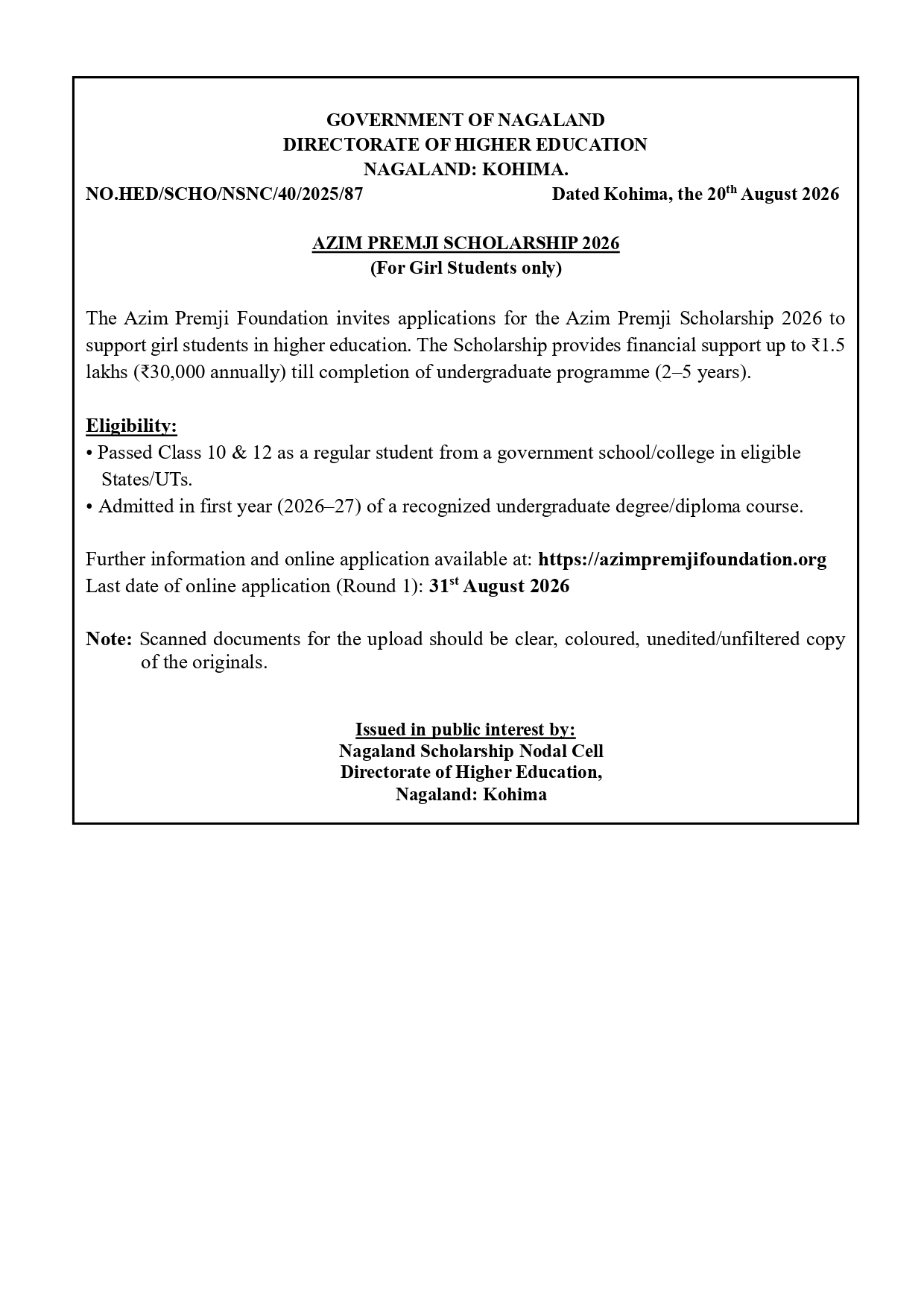 Scholarship Notification: Higher Education