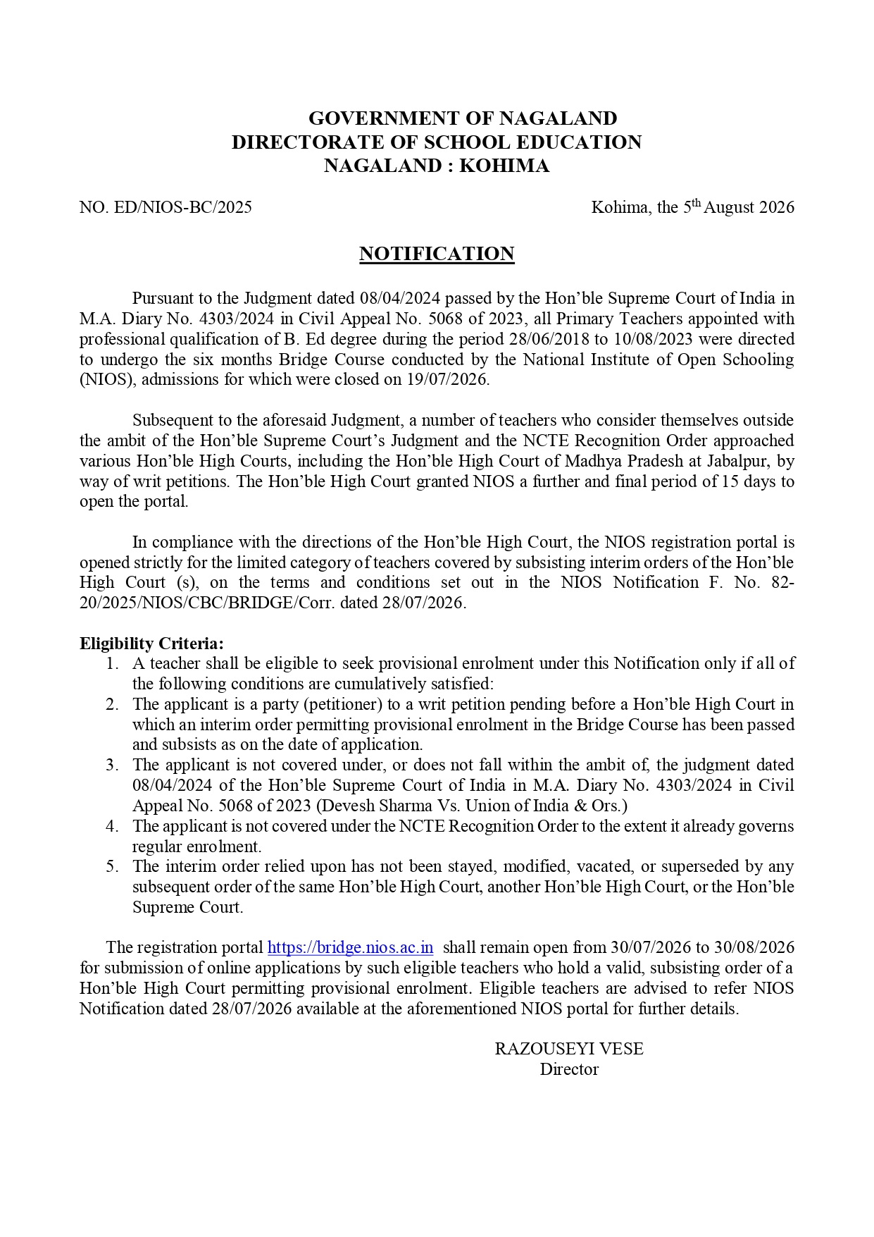 Notification : School Education
