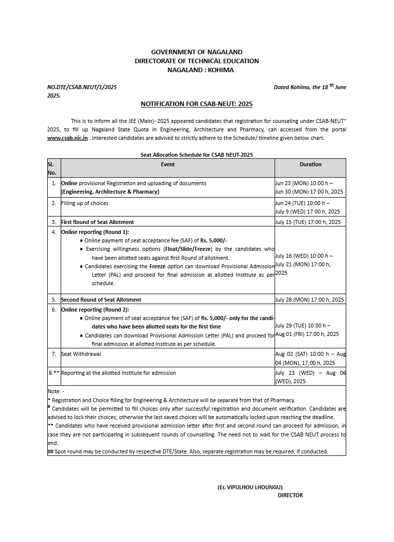 NOTIFICATION FOR CSAB-NEUT: 2025