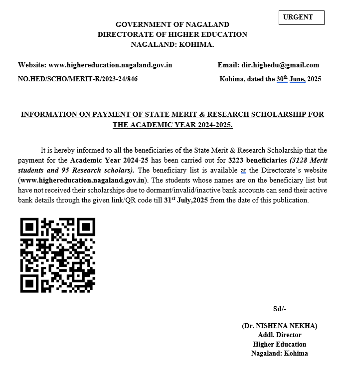 INFORMATION ON PAYMENT OF STATE MERIT & RESEARCH SCHOLARSHIP FOR THE ACADEMIC YEAR 2024-2025.
