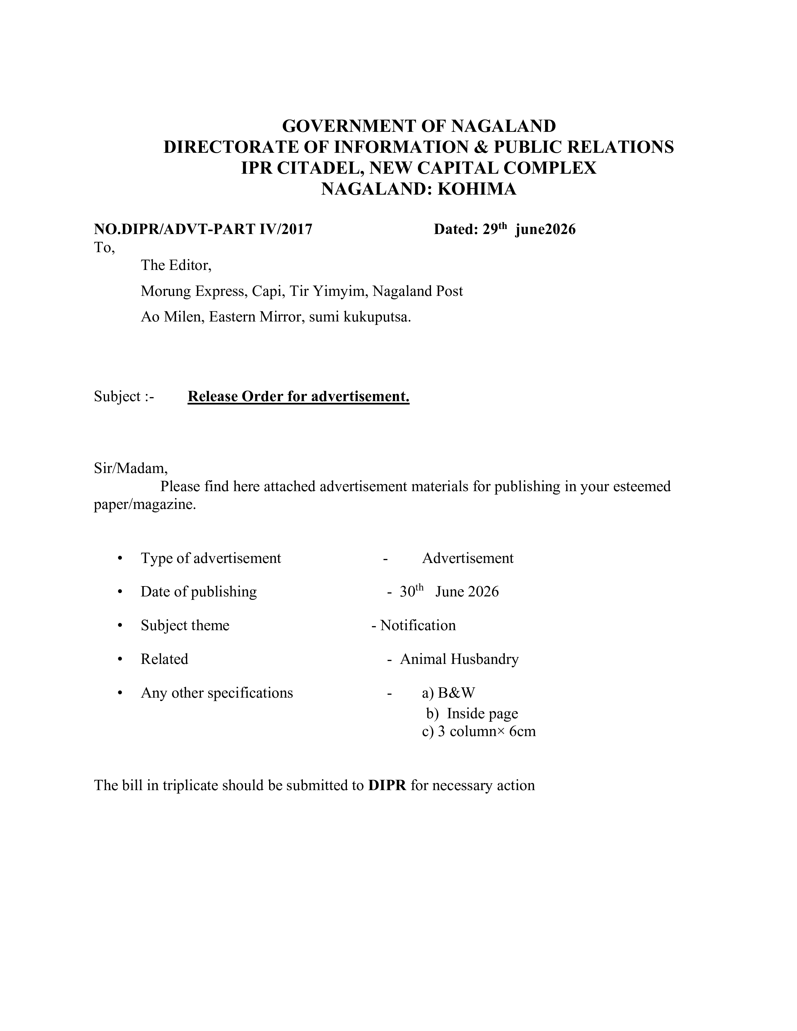 Notification: Animal Husbandry