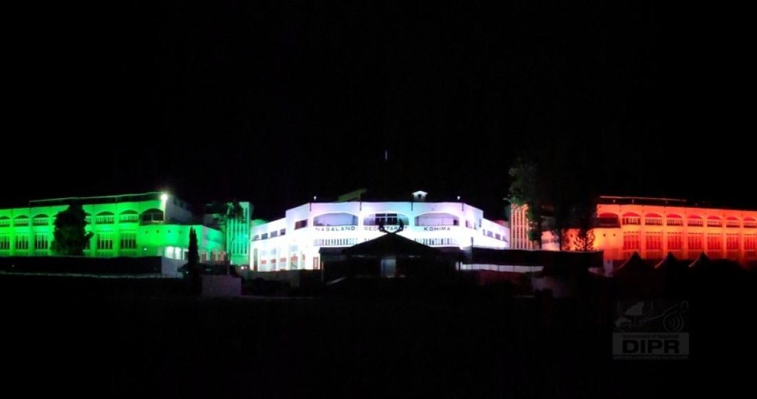 Nagaland Civil Secretariat adorned with the colours of the National flag