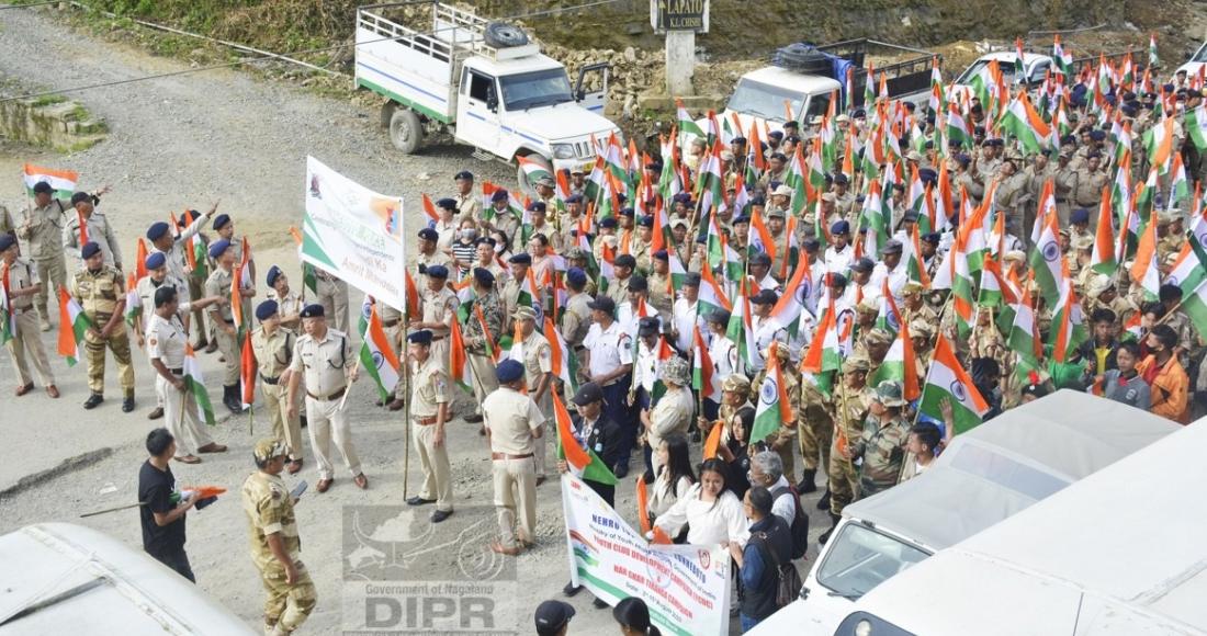 Prabhat Pheri as part of "liar Ghar Tiranga" campaign was held at Satakha town Zunheboto district on 10th August 2022. (IA Zunheboto) 