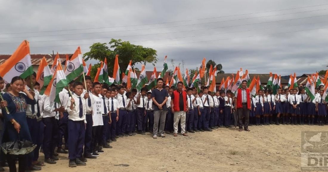 Students participating at the ongoing 'Har Ghar Tiranga' campaign 'Prabat Pheris' morning procession at Tening