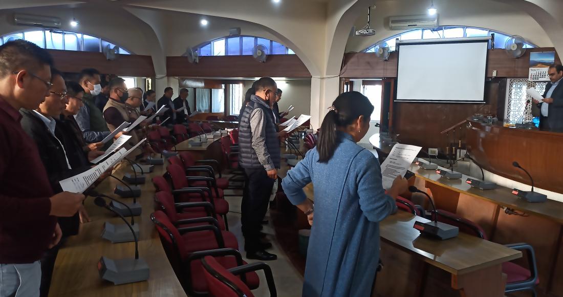 Home Commissioner Abhijit Sinha, IAS, and officers reading out the Preamble to the Indian Constitution in observation of the Constitution Day at the Secretariat Conference Hall, Kohima.