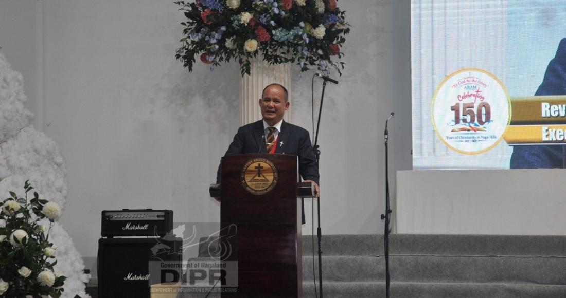 Rev. Prof. Dr. Mar Pongener giving the introduction at ABAM Sesquicentennial Celebration at Impur