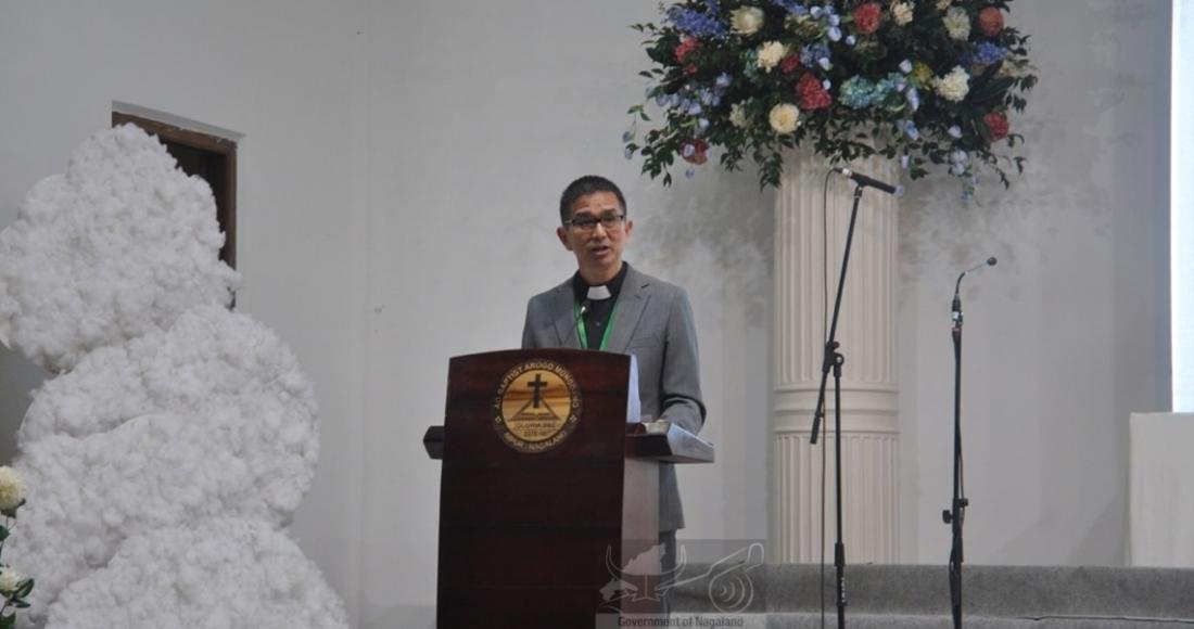 Rev. Sentisashi Aier welcoming the guest during the ABAM Sesquicentennial Celebration at Impur