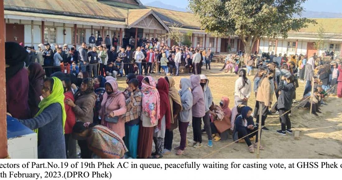 Electors of Part.No.19 of 19th Phek AC in queue, peacefully waiting for casting vote, at GHSS Phek