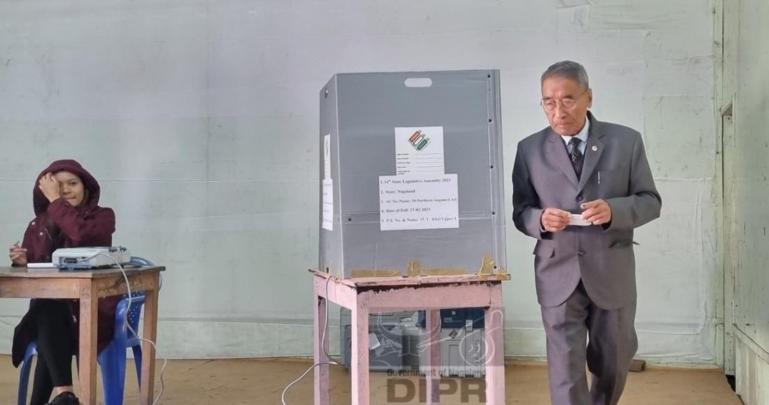 NPF President Dr. Shurhozelie casting his vote at polling station No.13. L. Khel- Upper-1 of 10 Northern Angami I AC