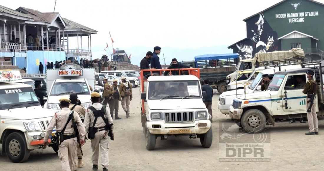 Police and Polling personnel departing to their respective polling stations at Tuensang