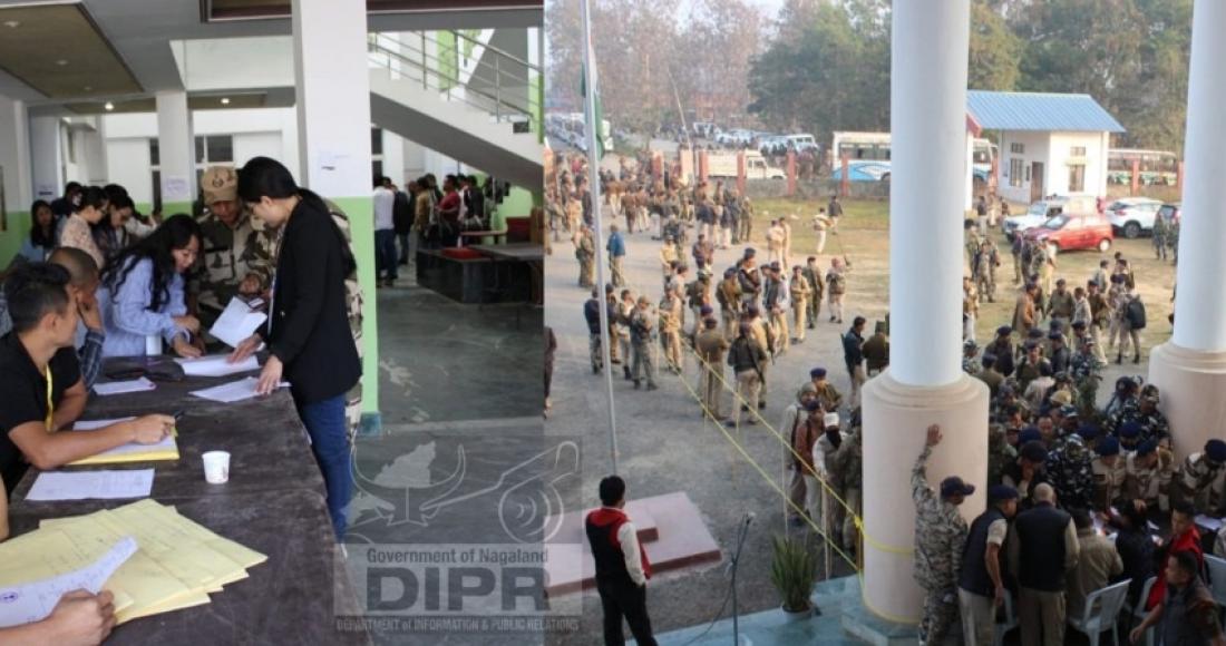 Polling officials and security personnel gearing up for election duty at Chumoukedima