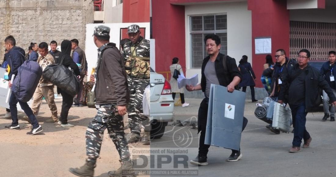 Polling officials moving out to their respective polling stations with EVMs, VVPATs at Mokokchung