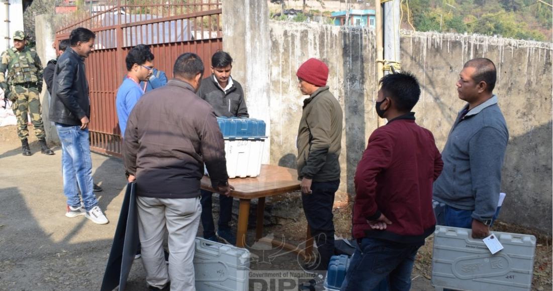 Polling personnel for 7-Peren AC before departing to their respective polling stations at Peren