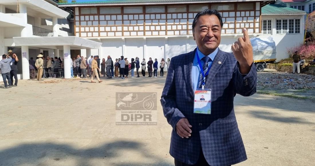 Sitting MLA of 10- Northern Angami-1, Khriehu Liezietsu after casting his vote at 6 Bayavu Middle polling station