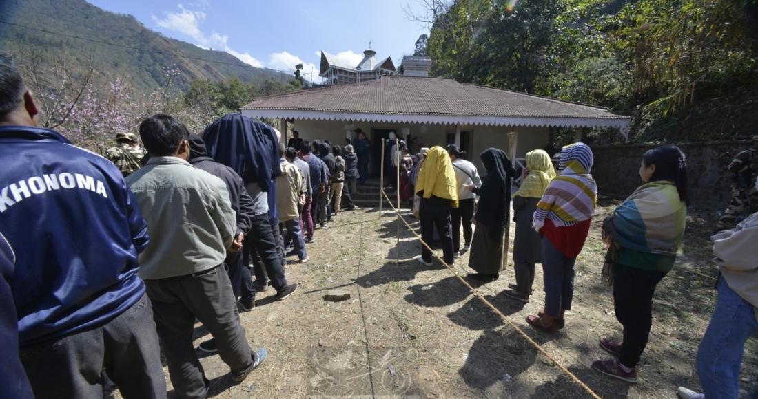 Voters queuing to cast their votes at Inspection Bungalow, Khonoma