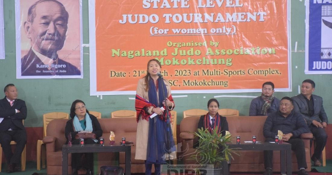 DFO Mokokchung, Dr. Sentitula, IFS speaking at the opening programme of the State Level Judo Tournament (for women only) at Multi-Sports Complex, Mokokchung on 21st March 2023.  (DPRO Mokokchung) 