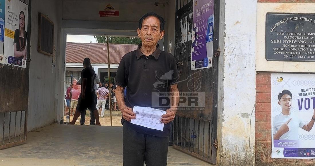 A senior citizen after casting his vote at polling station 6/1 GHSS, Tening, Peren on 19th April 2024.