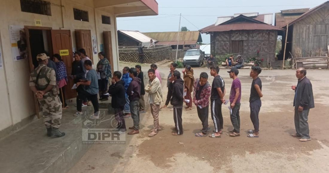 Voters queue to cast their votes at Waromung, Mokokchung on 19th April 2024