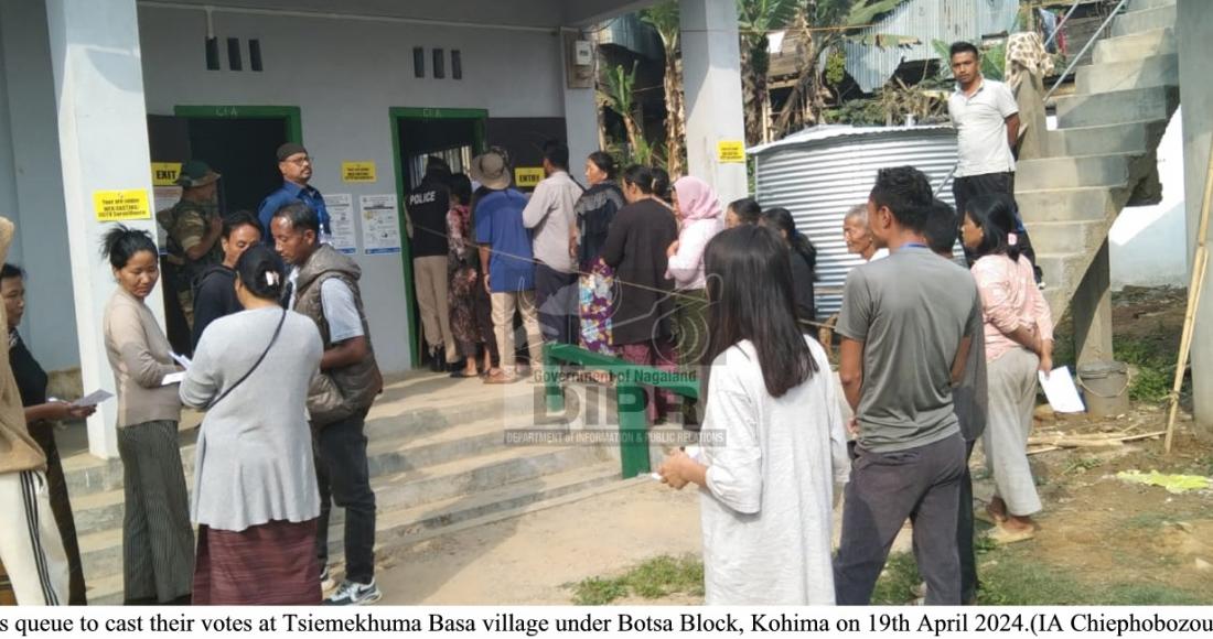 Voters queue to cast their votes at Tsiemekhuma Basa village under Botsa Block, Kohima on 19th April 2024